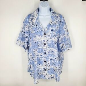 Vintage Tapestry Womens 20W Short Sleeve Button Up Shirt Floral Blue White